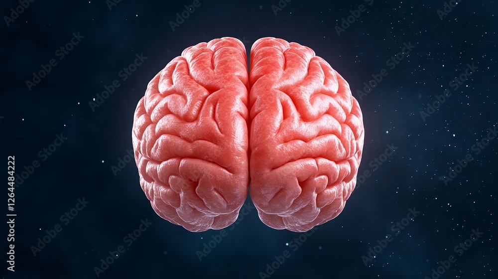 Poster 3d rendered human brain floating in abstract cosmic space with starry background