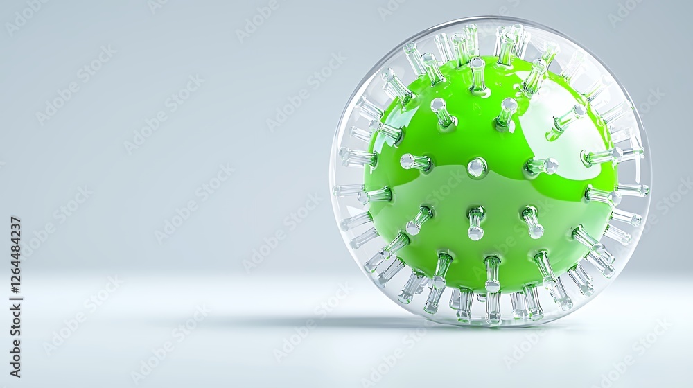 Poster 3d rendering of a green virus model on a smooth surface for health and science themes