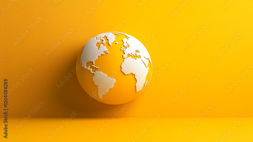 Poster 3d globe displaying white continents on bright yellow background creating energetic atmosphere