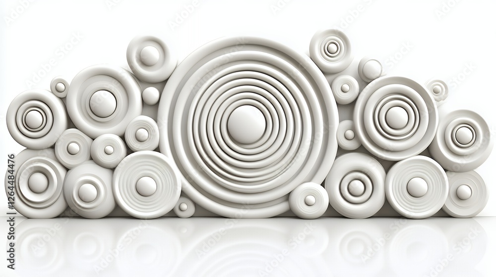 Poster abstract arrangement of circular white forms with varying sizes on a smooth reflective surface