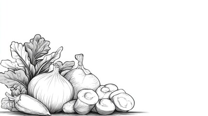 A detailed illustration of fresh vegetables including onions, mushrooms, and radishes on a white background