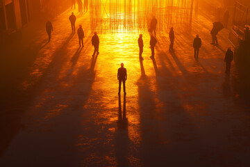 Fototapeta premium Silhouetted Figures at Sunset Construction Site
