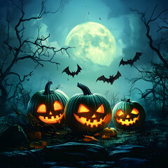Fototapeta premium Enchanting Halloween Night: Illuminated jack-o'-lanterns glow under the mystical moonlight, and bats dancing in the eerie atmosphere, creating a captivating scene of Halloween's charm.