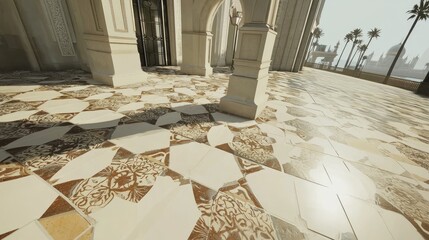 Intricate patterned floor tiles in a sunlit architectural space with palm trees in the background