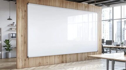 Modern office interior featuring a large whiteboard, wooden accents, and city skyline view