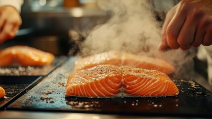 A dynamic scene of a chef preparing salmon in a professional kitchen, with the fish being seasoned and cooked, showcasing the culinary process.