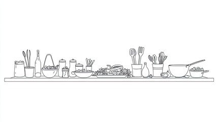 A minimalist kitchen countertop filled with various cooking ingredients and utensils, showcasing preparation