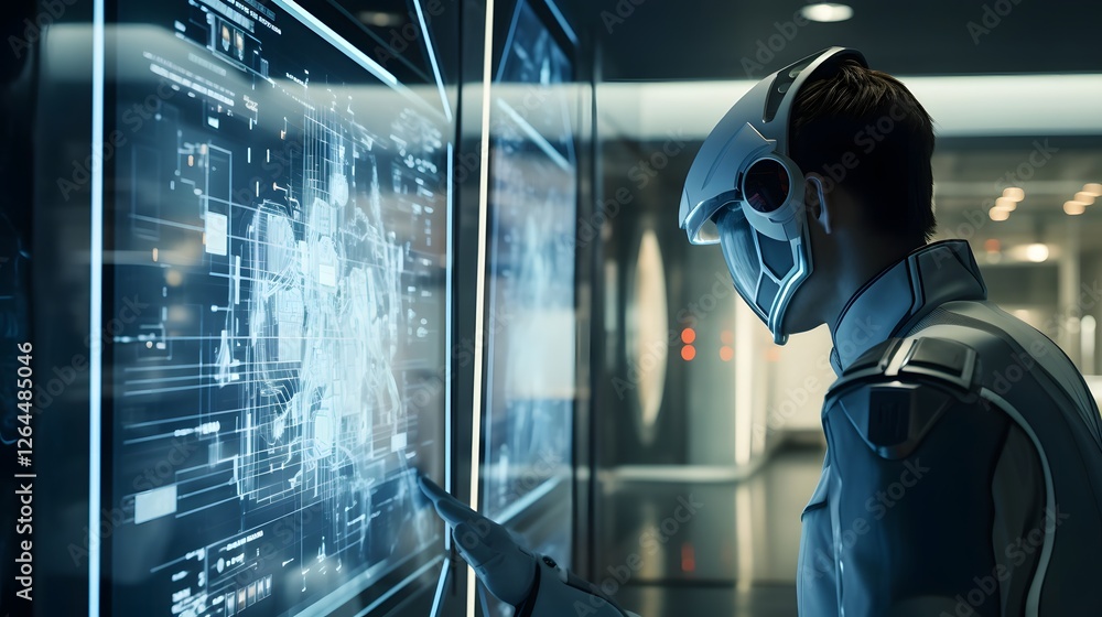 Poster futuristic chatbot assistant providing financial information and analysis on an interactive digital 