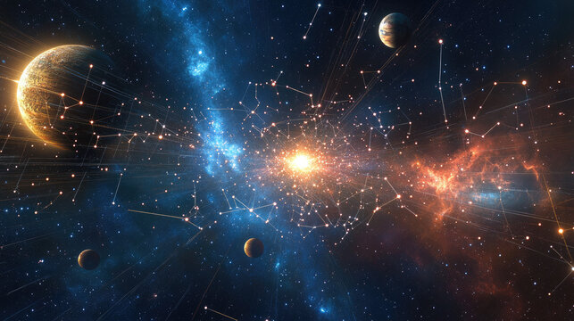 An abstract glowing grid of stars and planets, symbolizing the precision of universal space measurement.