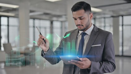 Businessman analyzing financial data on tablet: A focused and determined businessman examines financial data on his tablet, with green holographic charts and graphs overlaying his view.