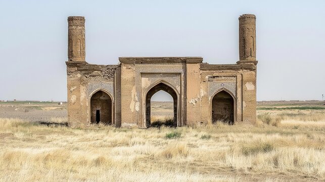 Ancient ruins with arches and towers in a desolate landscape under a clear sky