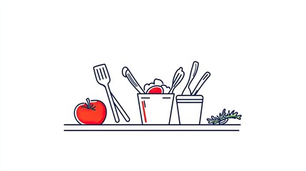 A colorful illustration of kitchen utensils and fresh ingredients arranged on a countertop