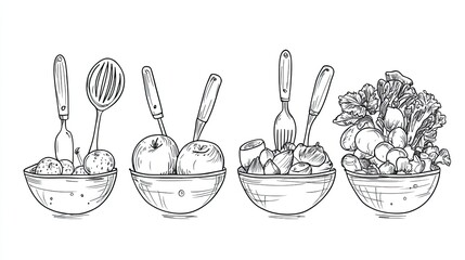Collection of illustrated bowls with various fruits and vegetables, showcasing healthy eating