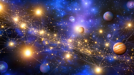 An abstract glowing grid of stars and planets, symbolizing the precision of universal space measurement.