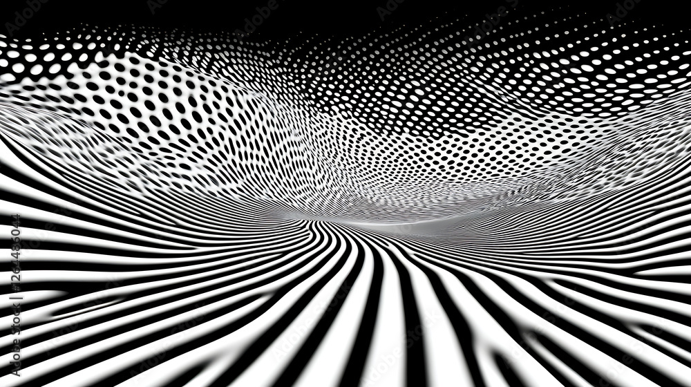 Poster dynamic abstract landscape with black and white lines and dots creating an optical illusion design