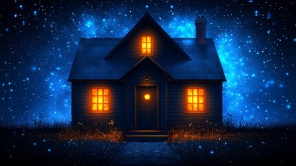Fototapeta premium Enchanted Cottage Night Scene Cozy Winter Home Illuminated Under Starry Sky Magical Atmosphere
