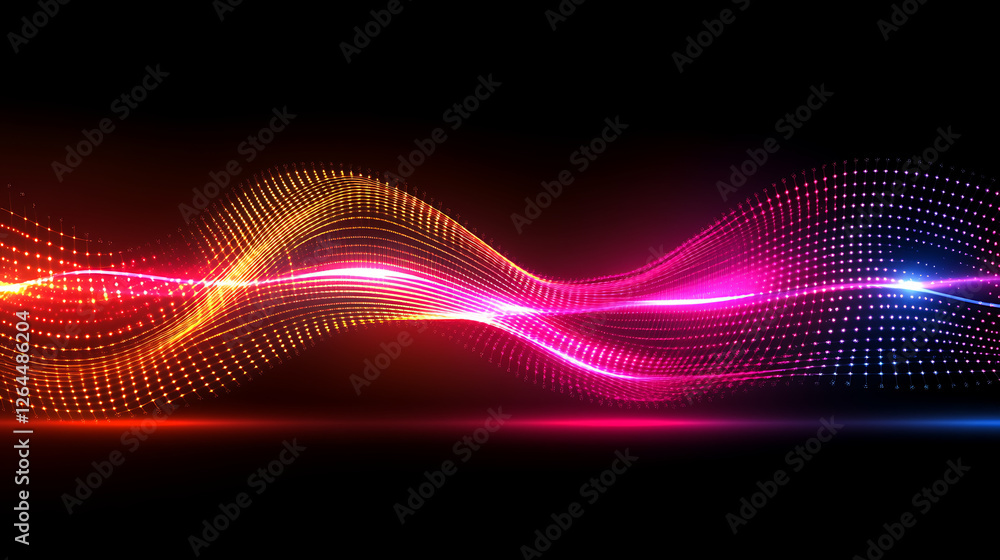 Poster dynamic data visualization wave with digital particles flowing in simulated space of technology