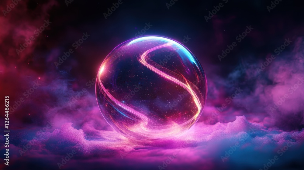 Poster abstract transparent glass cosmic orb with fluid intertwining lines on a cosmic mist background, 3d 