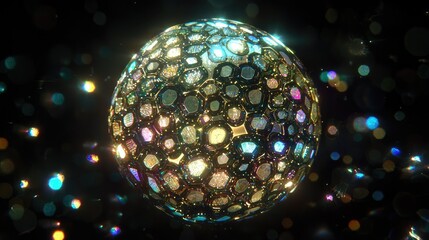 A mesmerizing, reflective orb made of colorful crystals floats amidst a starry background