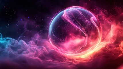 Obraz premium A colorful, glowing orb floating in a cloud of smoke. Concept of wonder and mystery, as if the orb is a portal to another world. The vibrant colors and swirling smoke create a dreamlike atmosphere
