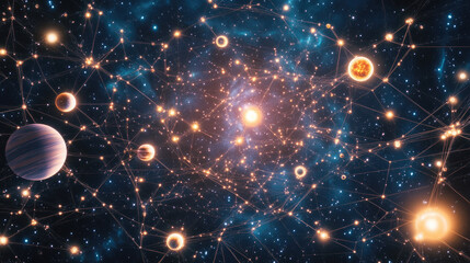 An abstract glowing grid of stars and planets, symbolizing the precision of universal space measurement.