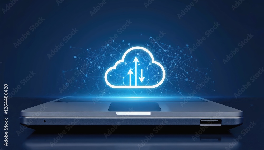 Poster cloud computing: a glowing cloud icon with arrows symbolizing data transfer, hovering above a sleek 