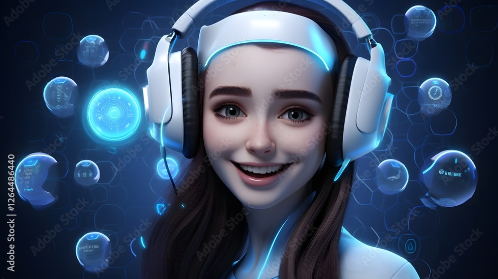 Poster a cutting edge digital chatbot assistant featuring a futuristic holographic user interface and expre