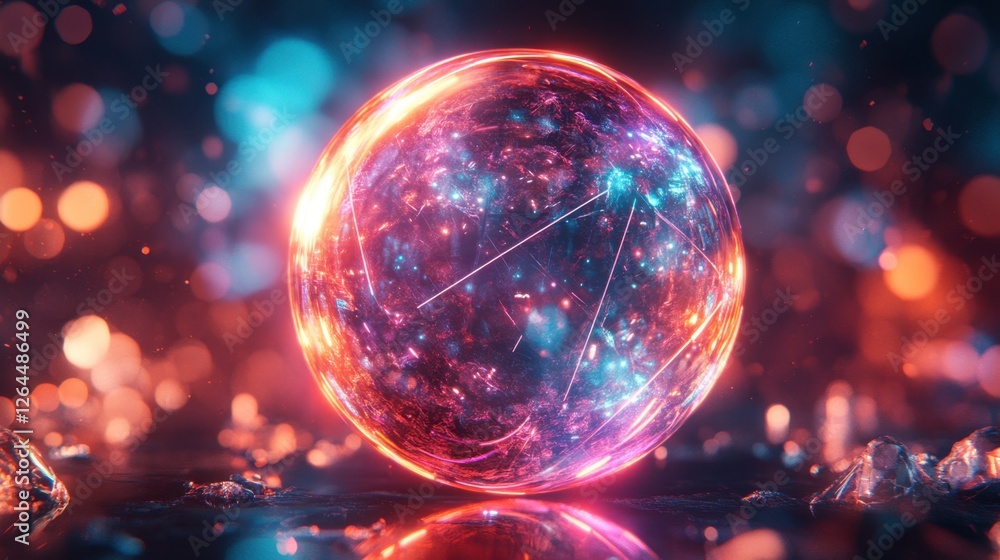 Aufkleber abstract transparent glass crystal sphere with neon-threaded lines on a prismatic light-filled backg