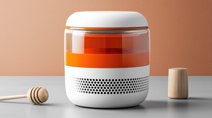 Modern kitchen gadget with orange accents on a minimalist countertop, honey dipper nearby