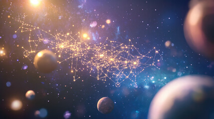 An abstract glowing grid of stars and planets, symbolizing the precision of universal space measurement.