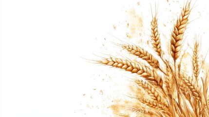 Fototapeta premium Golden wheat stalks, watercolor style, white background. Perfect for bakery, agriculture, harvest themes, adds a rustic, natural feel.