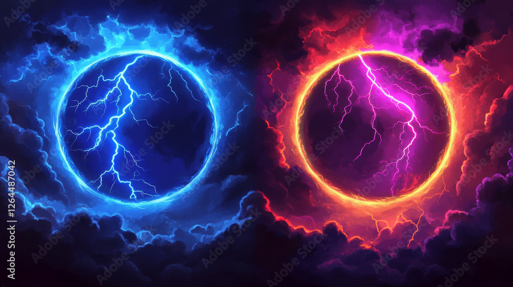 Poster round lightning frames set isolated on black background. vector realistic illustration of circular t