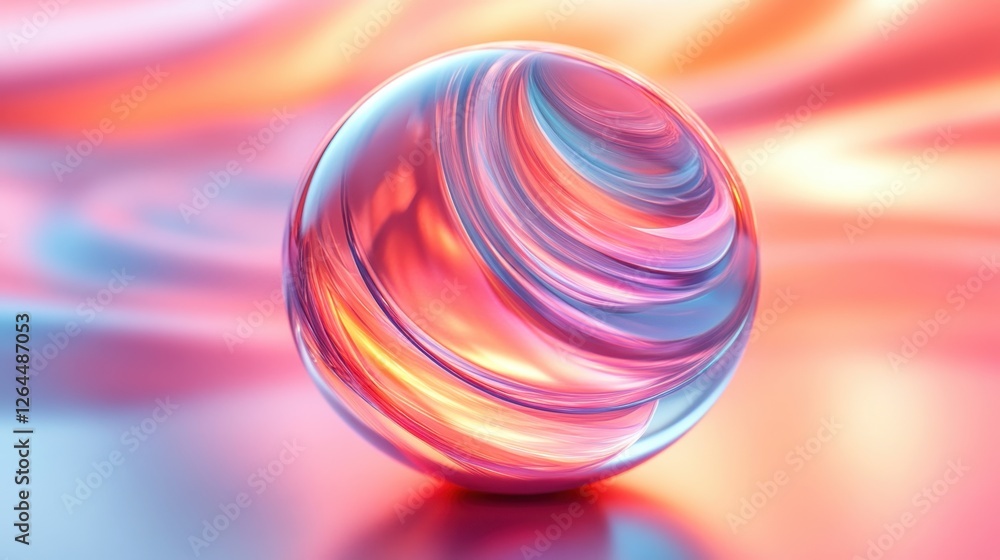 Poster abstract transparent glass sphere with swirling dynamic lines on a soft glowing background, 3d rende