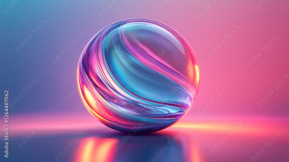 Fototapete abstract transparent glass orb with smooth cascading lines on a hazy reflective background, 3d rende