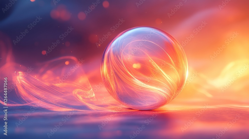 Poster abstract transparent glass sphere with swirling dynamic lines on a soft glowing background, 3d rende