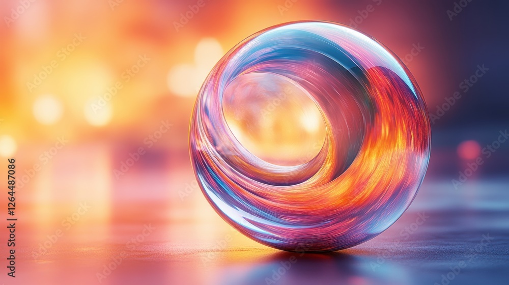 Poster abstract transparent glass sphere with swirling dynamic lines on a soft glowing background, 3d rende