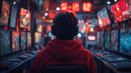 Obraz premium Person in Red Hoodie Focused on Multiple Screens in a Neon Lit Gaming Arcade