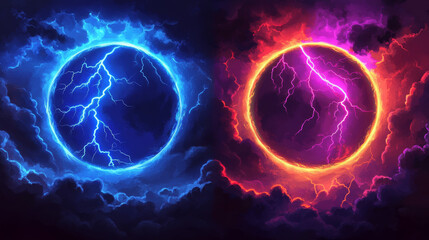 Obraz premium Round lightning frames set isolated on black background. Vector realistic illustration of circular thunder bolt borders glowing in neon colors, electric energy discharge effect, magic power strike