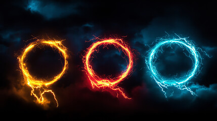 Fototapeta premium Round lightning frames set isolated on black background. Vector realistic illustration of circular thunder bolt borders glowing in neon colors, electric energy discharge effect, magic power strike