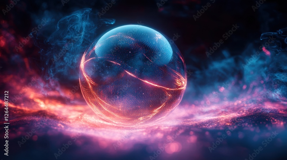 Poster abstract transparent glass crystal sphere with glowing concentric lines on a futuristic misty backgr