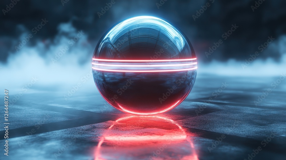 Aufkleber abstract transparent glass crystal sphere with glowing concentric lines on a futuristic misty backgr