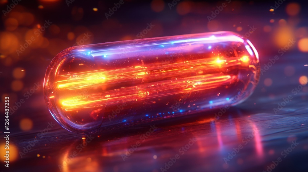 Poster abstract transparent glass capsule with bending neon-like lines on a soft blurred background, 3d ren