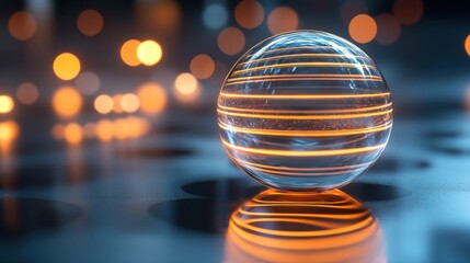 Abstract transparent glass crystal sphere with glowing concentric lines on a futuristic misty background, 3D rendering