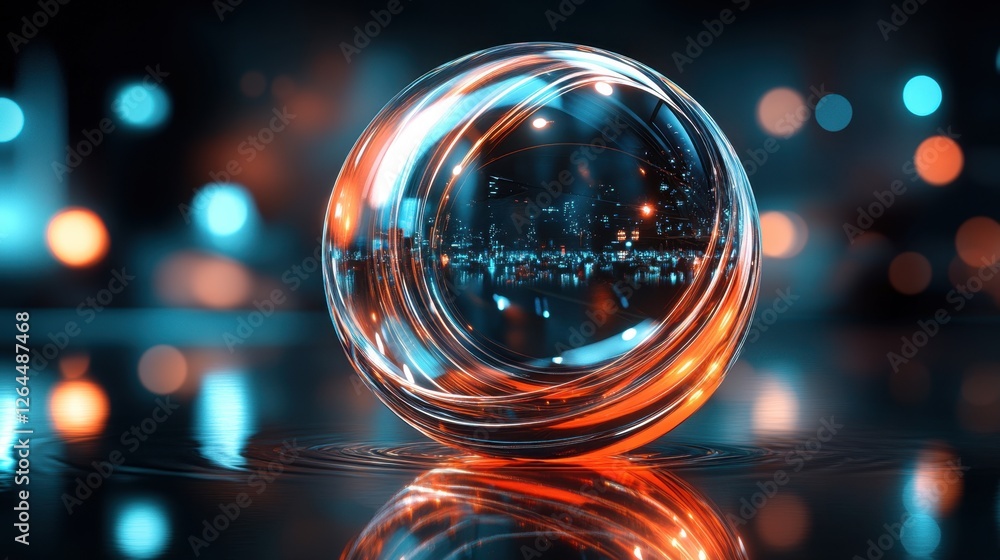 Aufkleber abstract transparent glass globe with continuous spiraling lines on a deep reflective background, 3d
