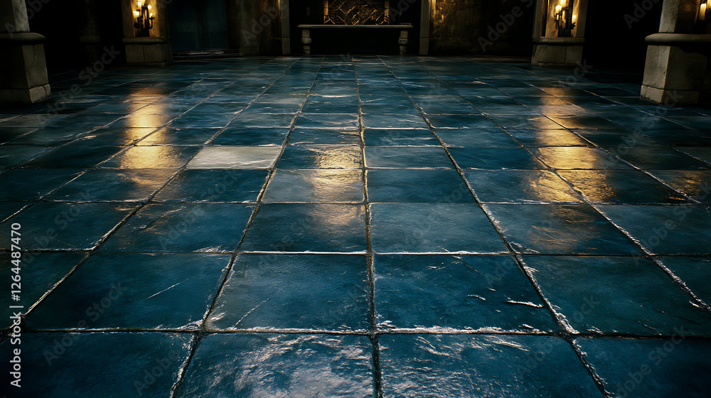 Aufkleber eerie ambience in ancient tiled hall with reflected light and columns within a vast building