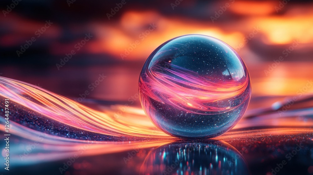 Poster abstract transparent glass globe with continuous spiraling lines on a deep reflective background, 3d