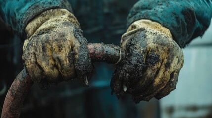 Mechanic's gloves holding a radiator hose with a crack