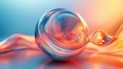 Abstract transparent glass orb with pulsating curved lines on a seamless background, 3D rendering illustration of futuristic abstract shape with holographic element.