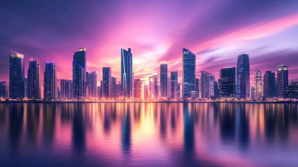 Obraz premium A mesmerizing futuristic cityscape with illuminated skyscrapers reflecting on a tranquil water surface, showcasing a vibrant sunset with pink and purple hues, symbolizing progress, innovation, and ur