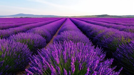 Obraz premium A vast lavender field in full bloom under a clear blue sky, with rows of vibrant purple flowers stretching towards the horizon and distant mountains